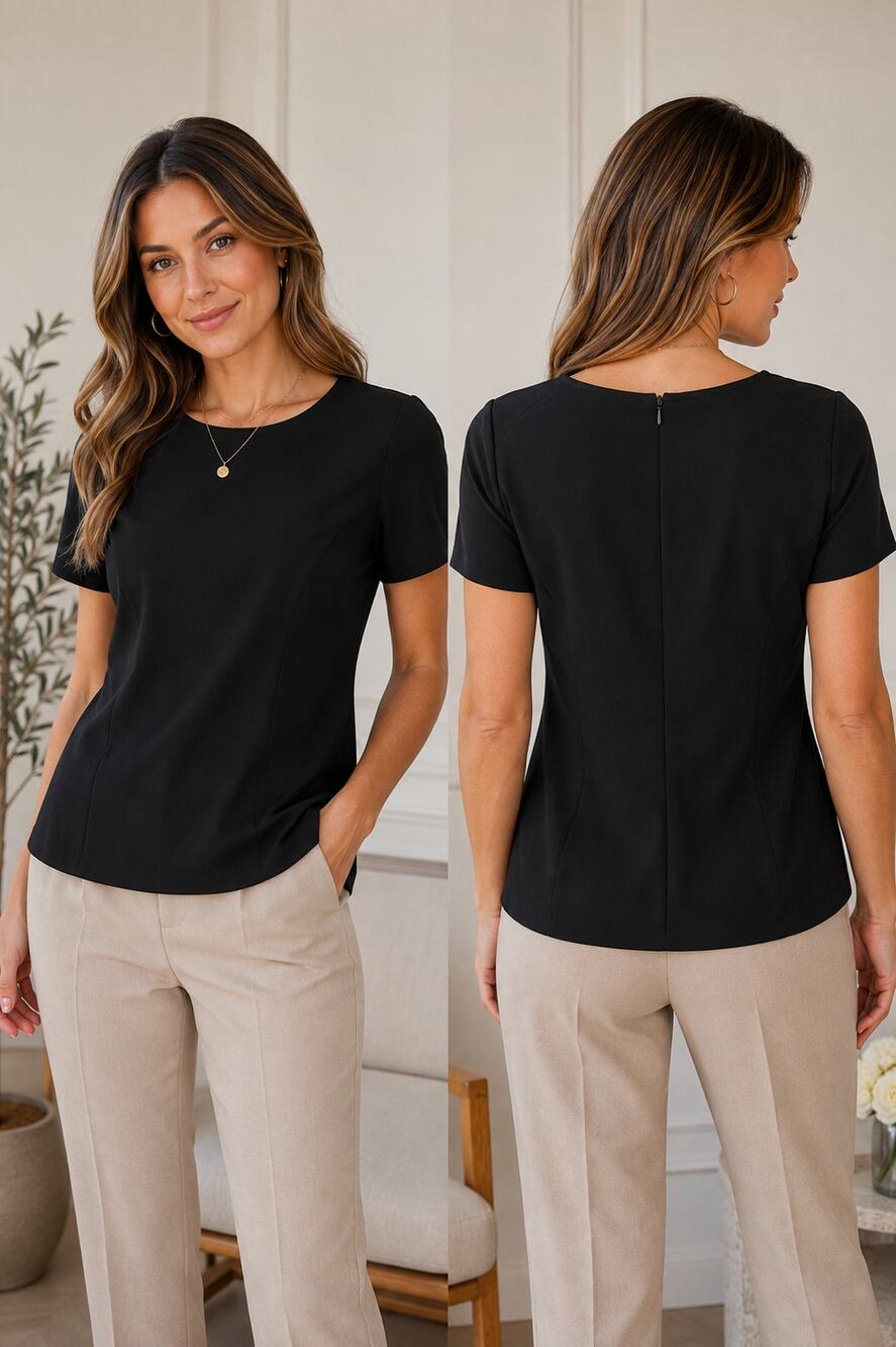 LOFT Ann Taylor Black Short Sleeve Top Blouse Zip Back Size 10 Workwear